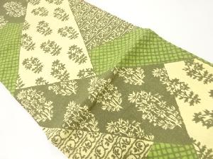 アンティーク　手織り紬切り嵌め風草花模様織出し全通袋帯（材料）